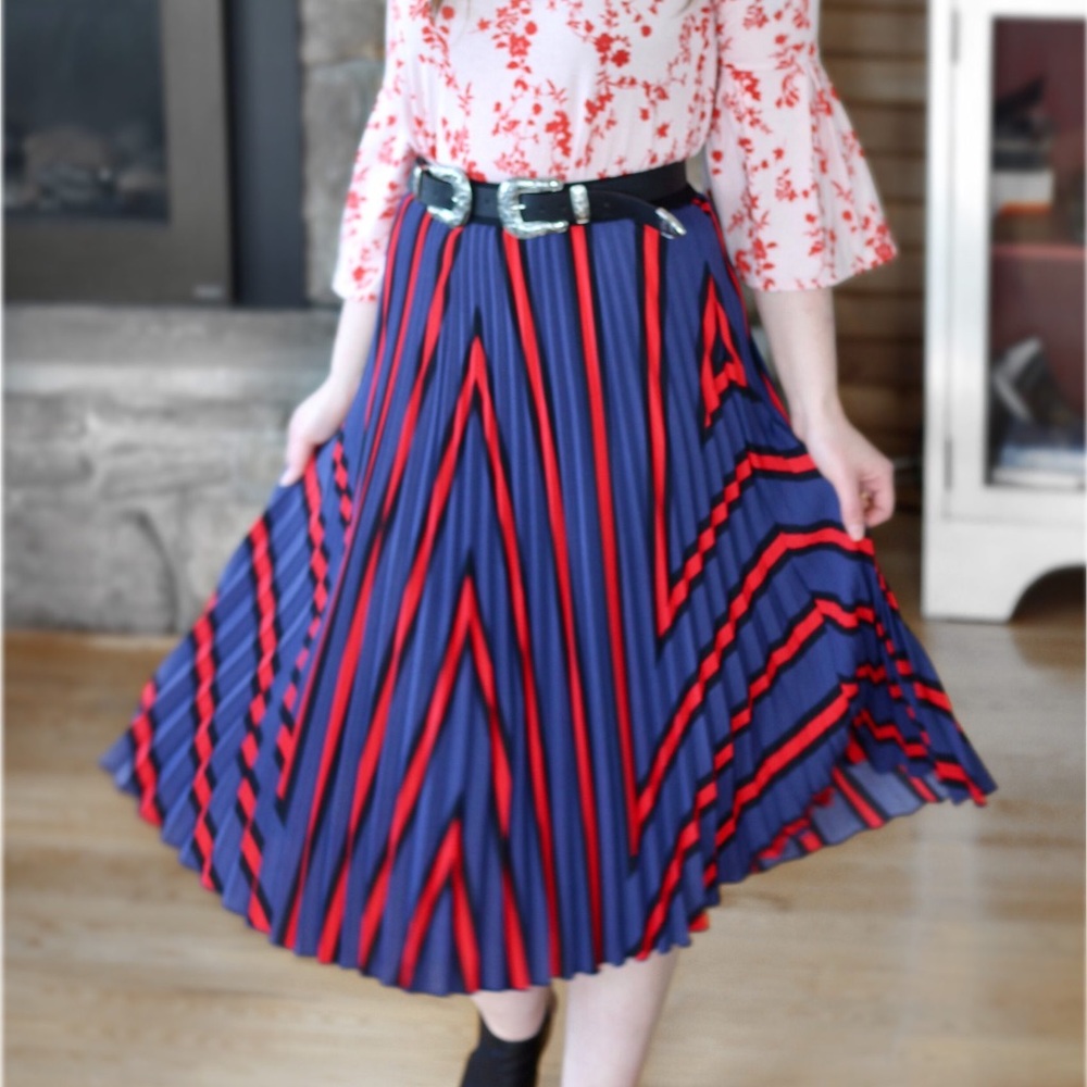 H&M Red/Blue Striped Pleated Midi Skirt Size XS